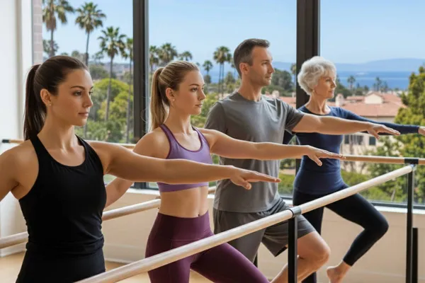 Adult ballet beginners learning proper technique at the barre in San Diego