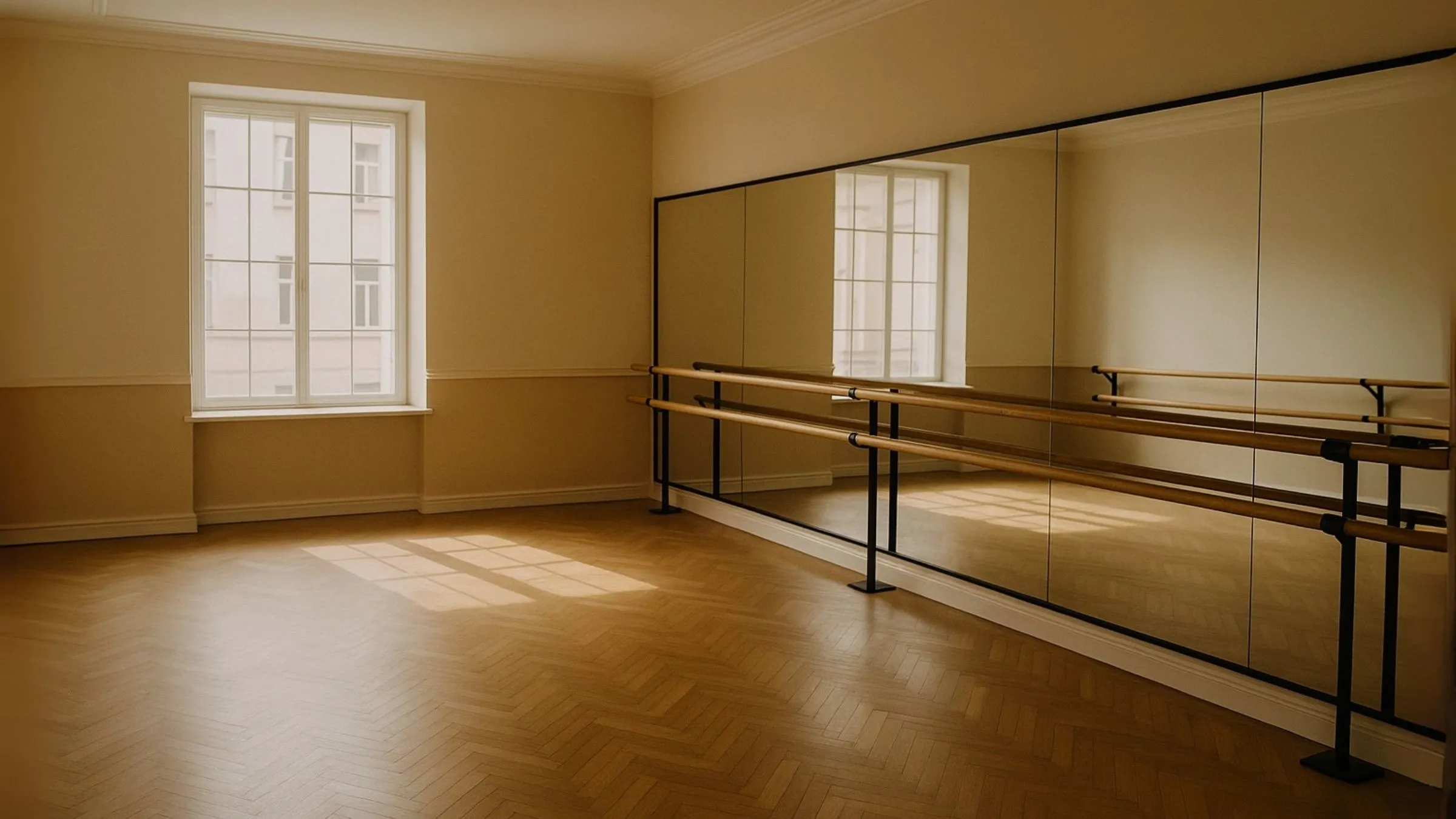 Elegant ballet studio with hardwood floors and mirrored walls, the perfect setting for Valle Ballet lessons in San Diego